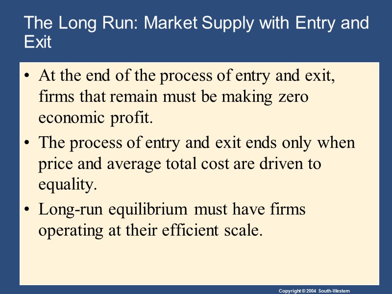 The Long Run: Market Supply with Entry and Exit At the end of the